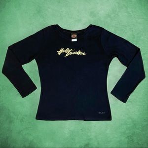 Gold Cursive Harley Davidson Long Sleeve T Shirt XL Soft Cotton Stretch